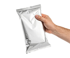 A male hand holding a white blank foil food snack on a transparent background png food design concept