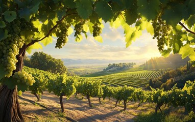 Naklejka premium Serene Vineyard Landscape at Sunrise. Picturesque Hills and Lush Green Fields