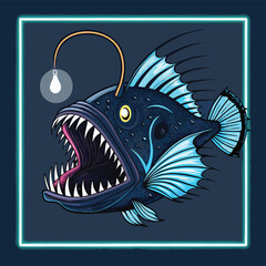 Render a terrifying deep-sea anglerfish, bioluminescent lure glowing intensely, within an inky black abyssal environment.  Focus on detailed textures and the creature's menacing features.