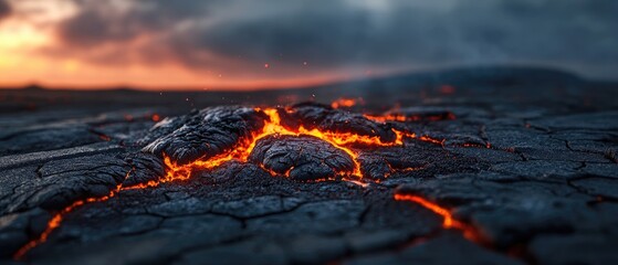 volcano lava pressure concept. Lava flowing from a volcanic eruption against a dramatic sunset backdrop.