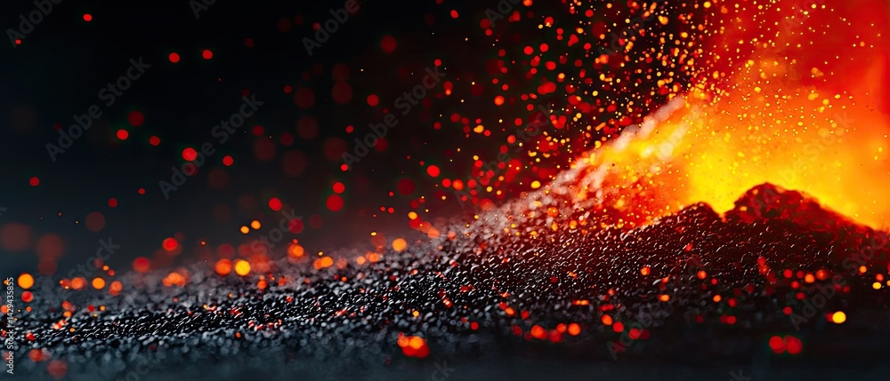 Poster volcano lava pressure concept. erupting volcano with lava flow and ash clouds illuminated by fiery o