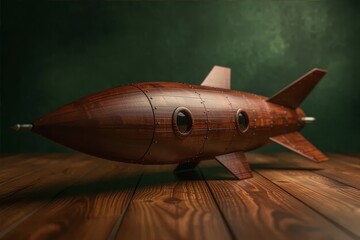Fototapeta premium Wooden Rocket Model Stands on Table Against Green Wall