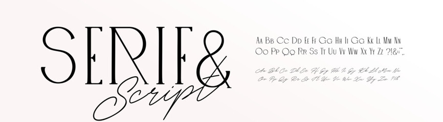 Fototapeta premium Elegant Serif Font Modern Script Typeface, Alphabet Pair for Wedding Letters. Fashion Branding, Luxury Calligraphy, Signature Logo, Stylish Invitation. Feminine Design. Vector illustration