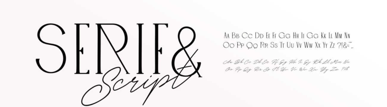 Elegant Serif Font Modern Script Typeface, Alphabet Pair for Wedding Letters. Fashion Branding, Luxury Calligraphy, Signature Logo, Stylish Invitation. Feminine Design. Vector illustration