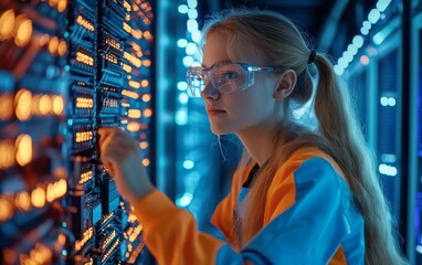 Young Woman Engineer Works on Server Room Technology