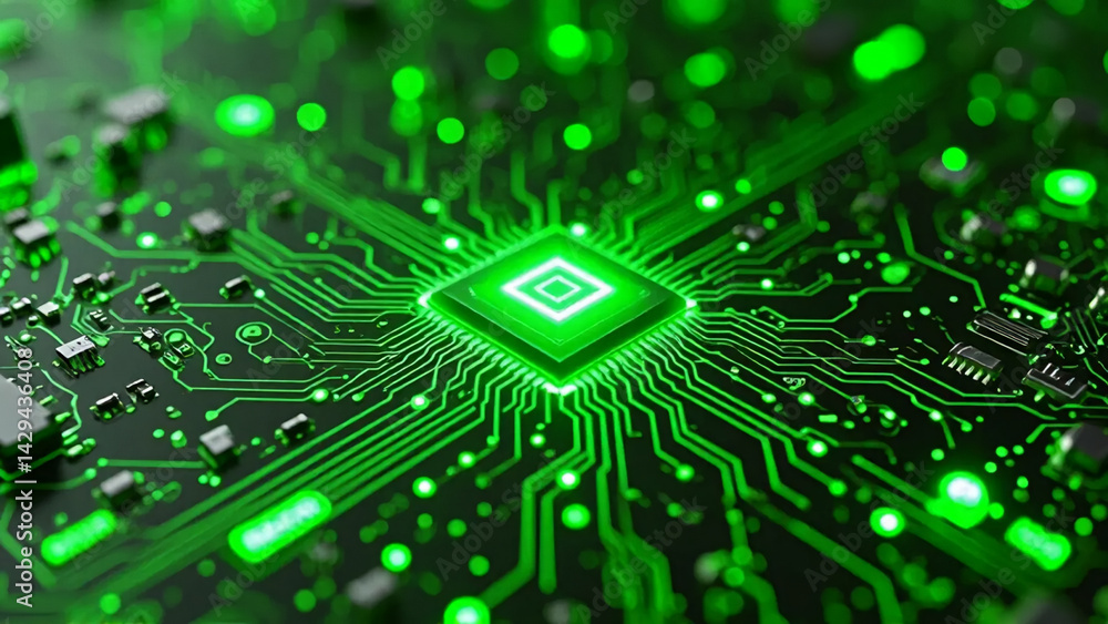 Poster glowing green circuit board with central processor and intricate traces