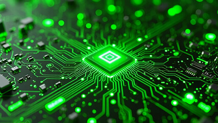 Glowing Green Circuit Board with Central Processor and Intricate Traces