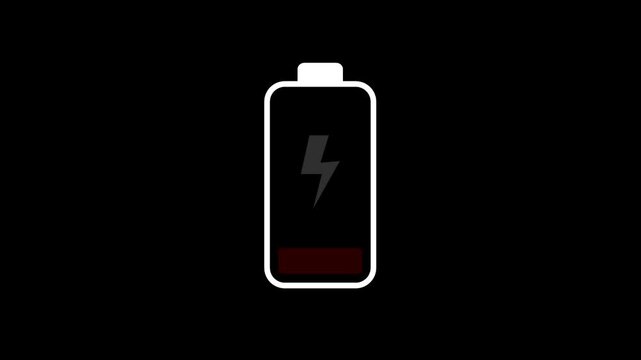 Low Battery Power Icon Animation on Black Background, Minimal Energy Alert Loop for Tech and UI Notifications, red blinking low battery notification icon animation