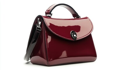 Naklejka premium Glossy burgundy shoulder bag handbag with patent finish, isolated on white background