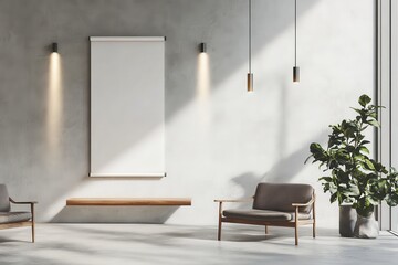 Bright interior with chair, presentation screen, and plant bathed in natural light showcasing minimalist design and inviting space.