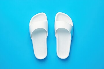 A pair of white, simple, slip-on sandals, perfectly aligned and photographed from above against a vibrant, bright blue background.