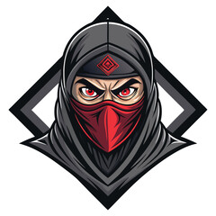 Create a detailed digital painting of a ninja's head, featuring a half-mask, intensely glowing red eyes, and sharp facial features.  High detail, dramatic lighting.