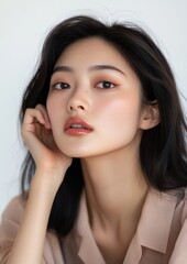 Fototapeta premium Young and beautiful model present skin care and beauty cosmetic product