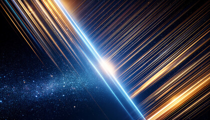 Futuristic glowing diagonal light streaks, deep space background, abstract sci-fi style, cosmic stars
