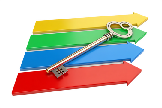 Golden key on top of colorful arrows pointing toward successful goals.