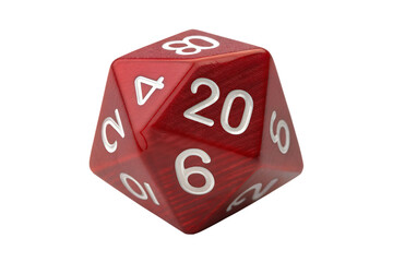 Transparent red D20 polyhedral dice with white numbers for role-playing game.