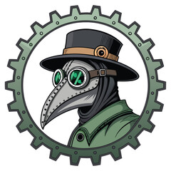 Detailed digital painting of a plague doctor mask head intricately adorned with steampunk gears, goggles, and brass embellishments.  Focus on intricate detail and metallic textures.