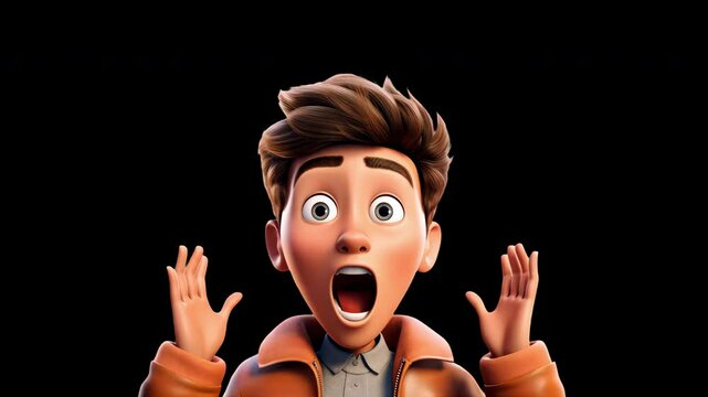 Surprised animated character raising hands animation isolated asset, transparent 4K video, alpha channel, ProRes 4444