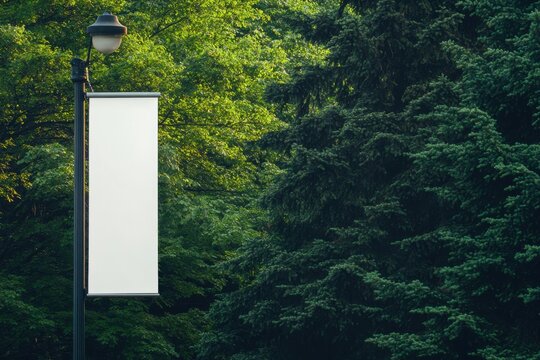 Blank banner on lamppost surrounded by lush green trees, ideal for promoting your message in a natural setting.  Advertise here!