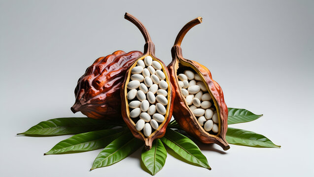 Fresh Cacao Pods Isolated on White: Whole and Open Cocoa Fruit with Raw Beans and Green Leaves for Chocolate Ingredient and Tropical Food Concepts: Cacao, Pods, Isolated, White, Cocoa, Fruit, Raw, Bea