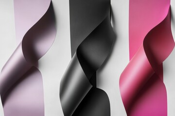 Elegant strips of colorful paper curl and twist against a clean white background in this captivating abstract arrangement.