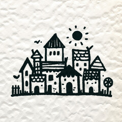 Fototapeta premium Whimsical houses sketch with sun and birds in a playful style 