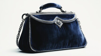 Naklejka premium Navy blue velvet handbag with silver chain, isolated on white background
