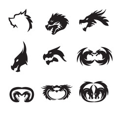 Dragons icon silhouette, dino, wyvern symbols, dinosaurs isolated, mythical monster, minimal flat tattoo