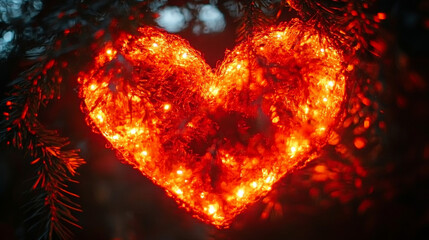 Glowing magical tree branches form a radiant heart shape in a dark enchanted forest symbolizing love connection nature and mystical energy in a dreamlike and spiritual atmosphere

