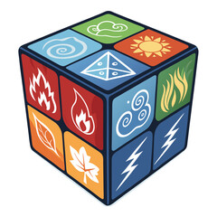 Design a 3D model of a power-up cube, each face displaying a rotating elemental symbol (fire, water, earth, air).  High-resolution, vibrant colors.