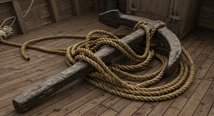 Obraz premium Anchor and Rope Close-Up on Boat