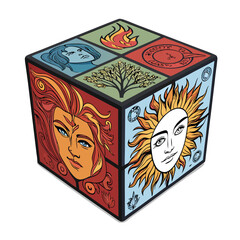Design a 3D model of a power-up cube, each face displaying a rotating elemental symbol (fire, water, earth, air).  High-resolution, vibrant colours.