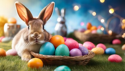 colorful easter egg hunt with a bunny preparing to celebrate the holiday