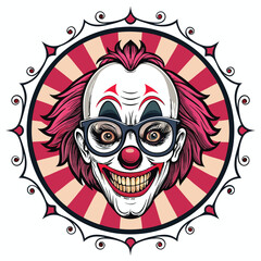 Render a terrifying psycho clown skull with shattered eyeglasses embedded within its fractured cranium; focus on macabre detail and unsettling realism.
