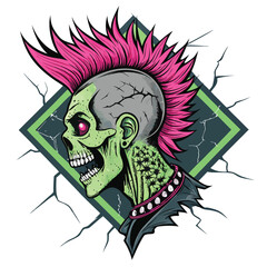 Create a detailed digital painting of a decaying punk zombie head, featuring a vibrant pink mohawk sprouting from a cracked skull.  The image should emphasize both the decay and the punk aesthetic.