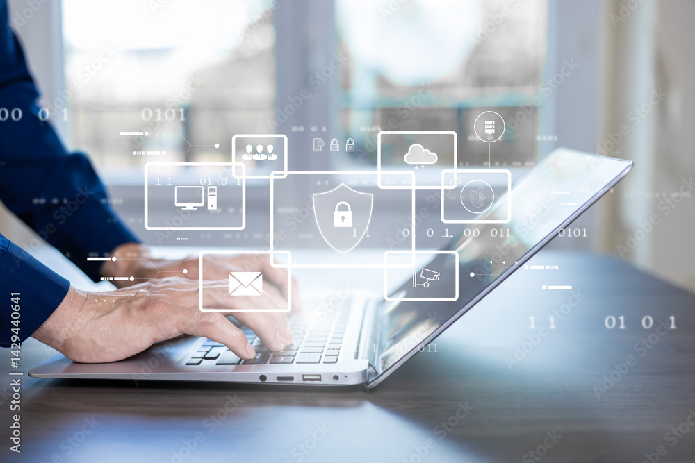 Poster cyber security and security password login online concept hands typing and entering username and pas