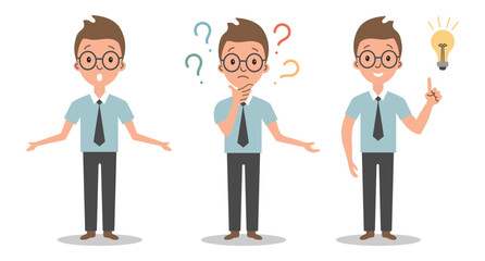 Young man finding a solution to a problem. Boy with a lamp. Illustration.