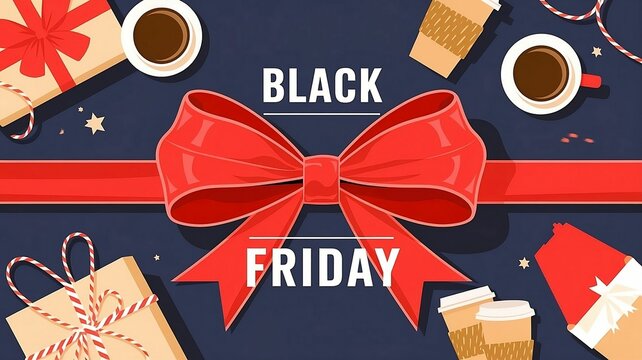 Festive Black Friday graphic with red bow gift boxes coffee cups and holiday items