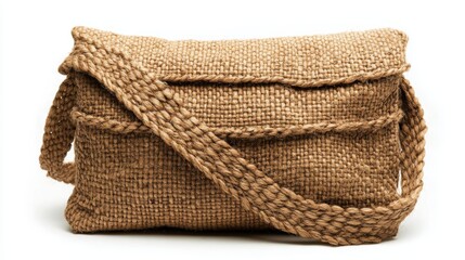 Natural jute crossbody handbag with minimal stitching, isolated on white background