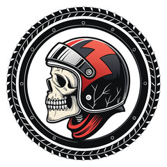 A detailed illustration of a biker's skull, partially visible within a cracked and damaged motorcycle helmet, conveying rebellion and danger.