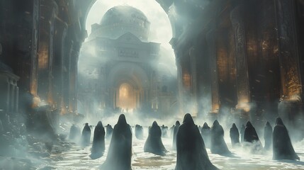 Book of Enoch illustrated futuristic element showcasing ancient religious text enochian literature hyper realistic portrayal of watcher biblical figure set against dystopian background ample space