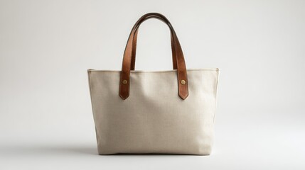 Beige canvas tote bag handbag with leather straps, isolated on white background