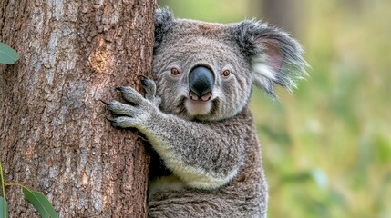 Naklejka premium Koala on tree trunk peaceful wildlife nature conservation image