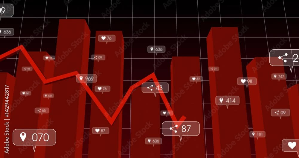 Poster visualizing red 3d bars and moving trend line with floating heart share location icons on grid