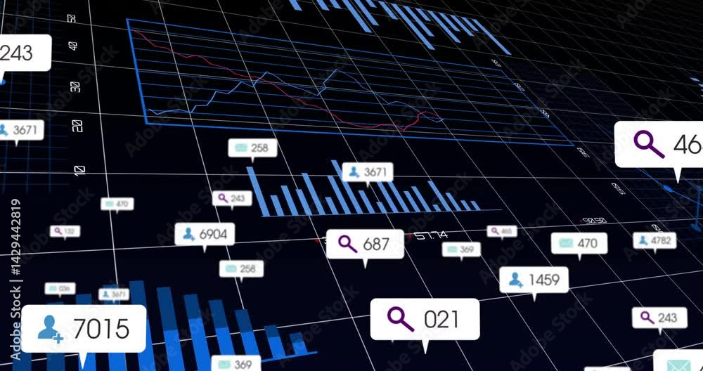 Poster dark 3d-rendered data dashboard showing angled wireframe grid, line charts, bar graphs, pie charts