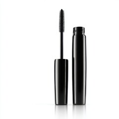 Black mascara wand and tube isolated on white background