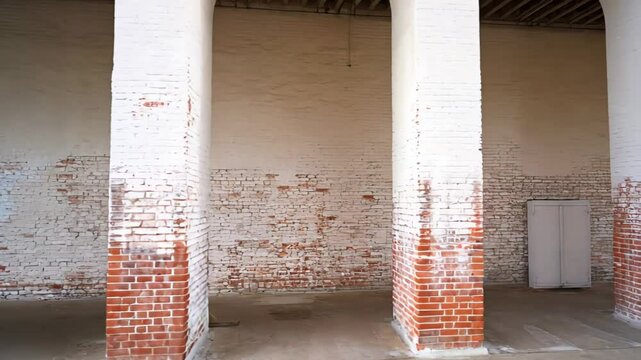 Aged brick pillars and weathered whitewashed walls in an empty industrial space with exposed concrete floor

