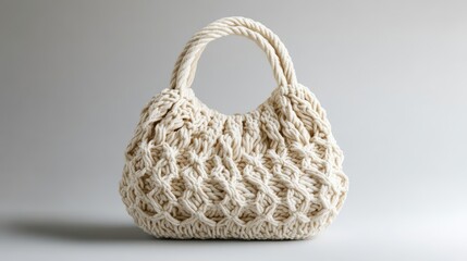 Handmade macrame handbag handbag with off-white cotton, isolated on white background