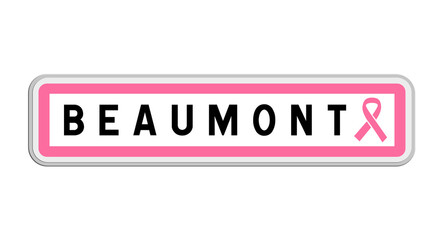 Panneau de sortie de Beaumont, Puy-de-Dôme, Auvergne-Rhône-Alpes avec Ruban Octobre Rose