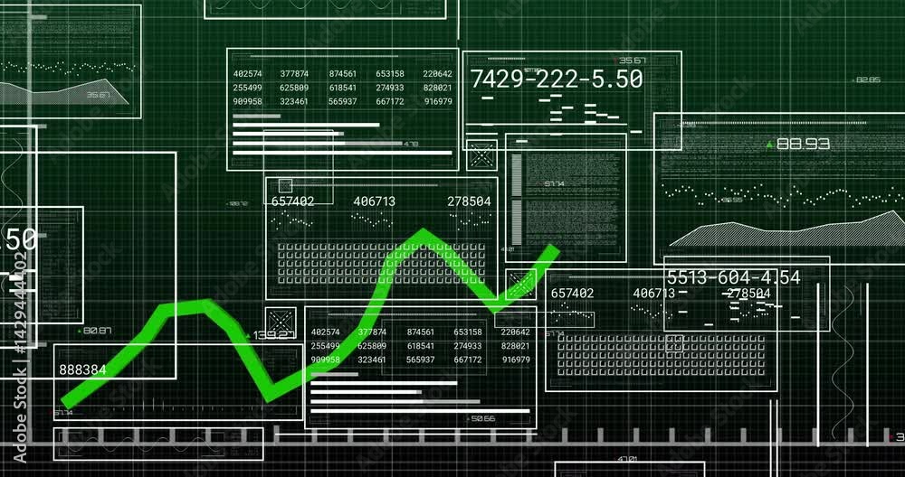 Aufkleber high-tech data dashboard showing neon-green zigzag line graph rising across semi-transparent panels